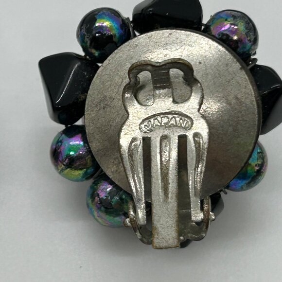 Vintage Japan Black Iridescent Bead Necklace Clip-On Earrings Set Elegant READ - Picture 8 of 14